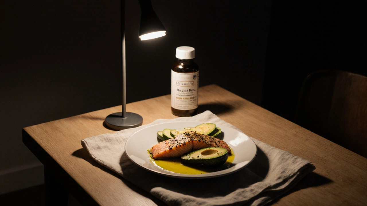 Večerní stůl s rybou, avokádem a olejem, vedle nich vitamín D a hořčík v přípravku.