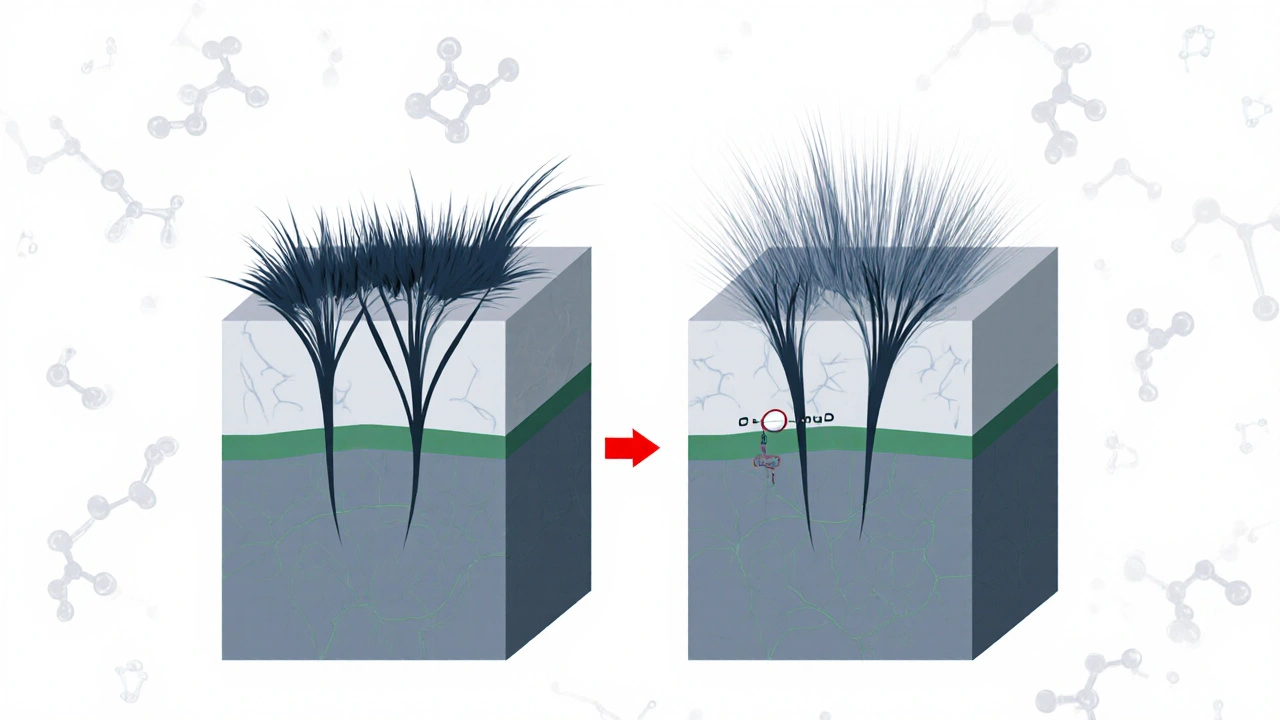 Vědecká ilustrace vlasových folikulů: zdravé na levé straně, poškozené DHT na pravé, s molekulou finasteridu blokující enzym.