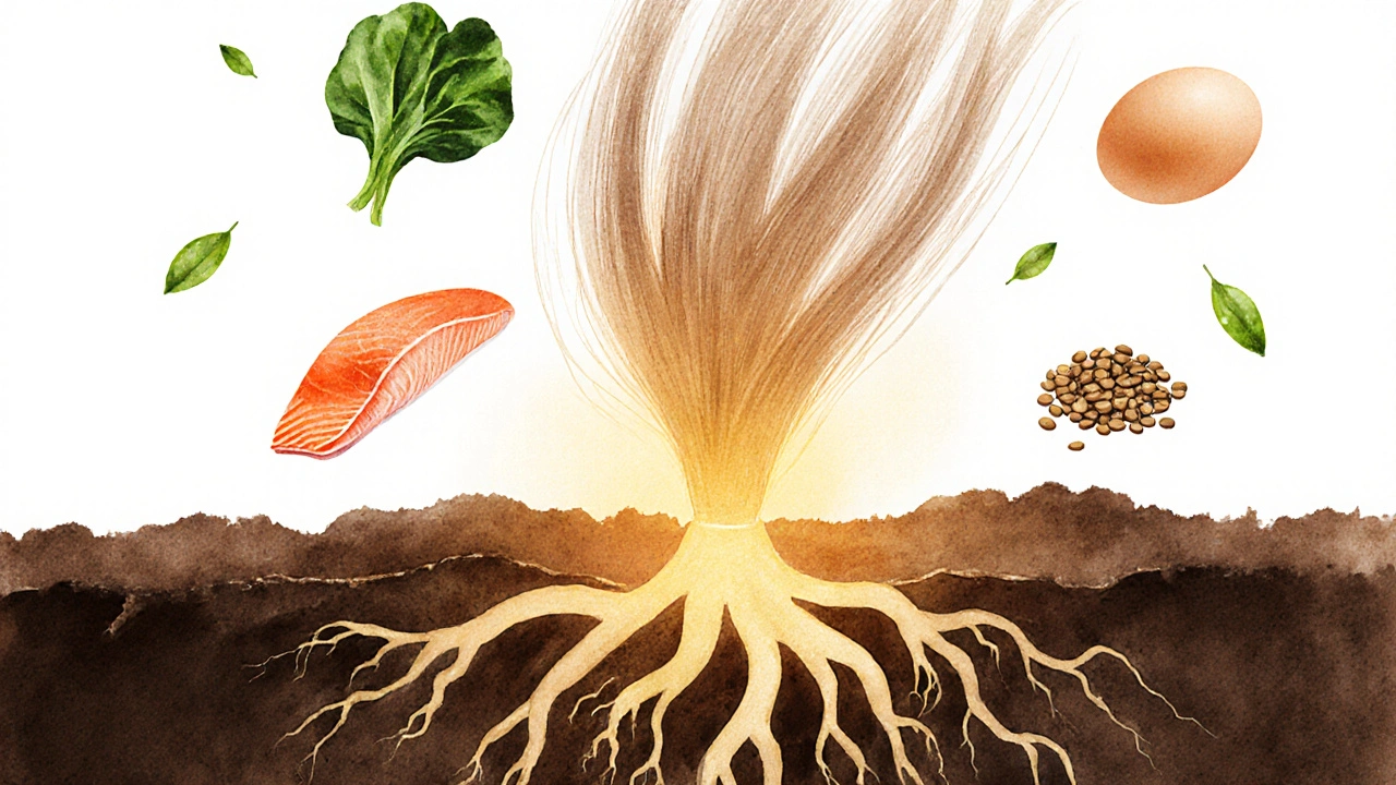 Vlasový folikul živý z živin jako čočka, špenát a losos, namalovaný vodyrovou technikou.