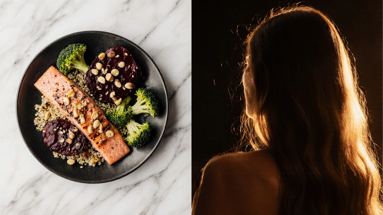 Zdravá jídla spojená s lesklými vlasy v kontrastní kompozici