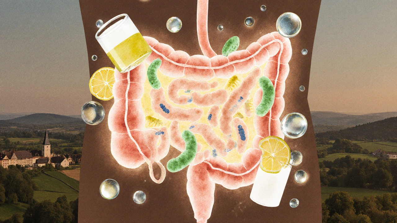 Zdravá střevní mikroflóra s probiotiky v těle, symbolizující obnovu.