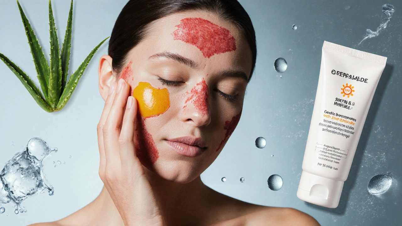 Žena aplikuje minerální sluneční filtr na červenou pleť s klidnými přírodními prvky.