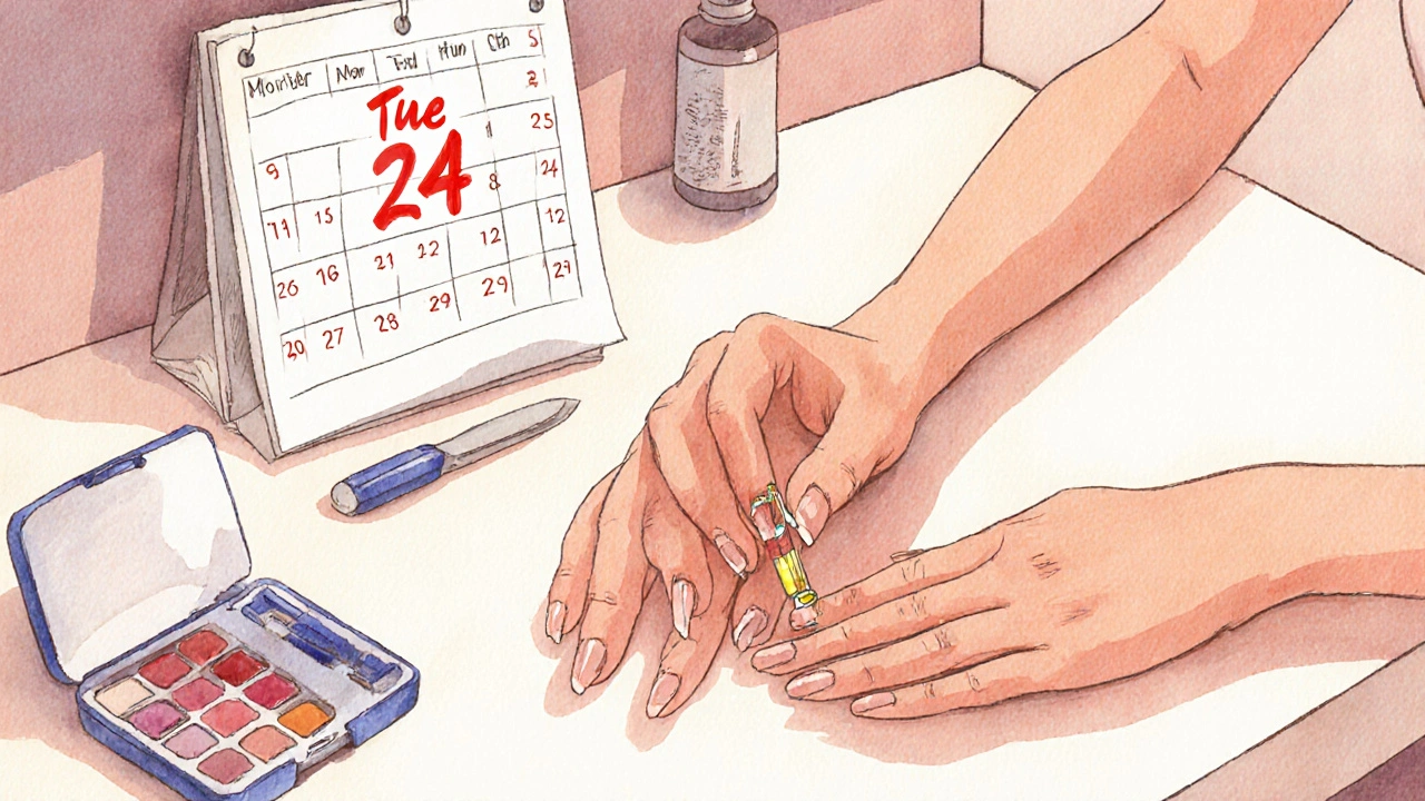 Žena aplikuje olej na nehty v kuchyni, na zdi je kalendář s označeným úterým.