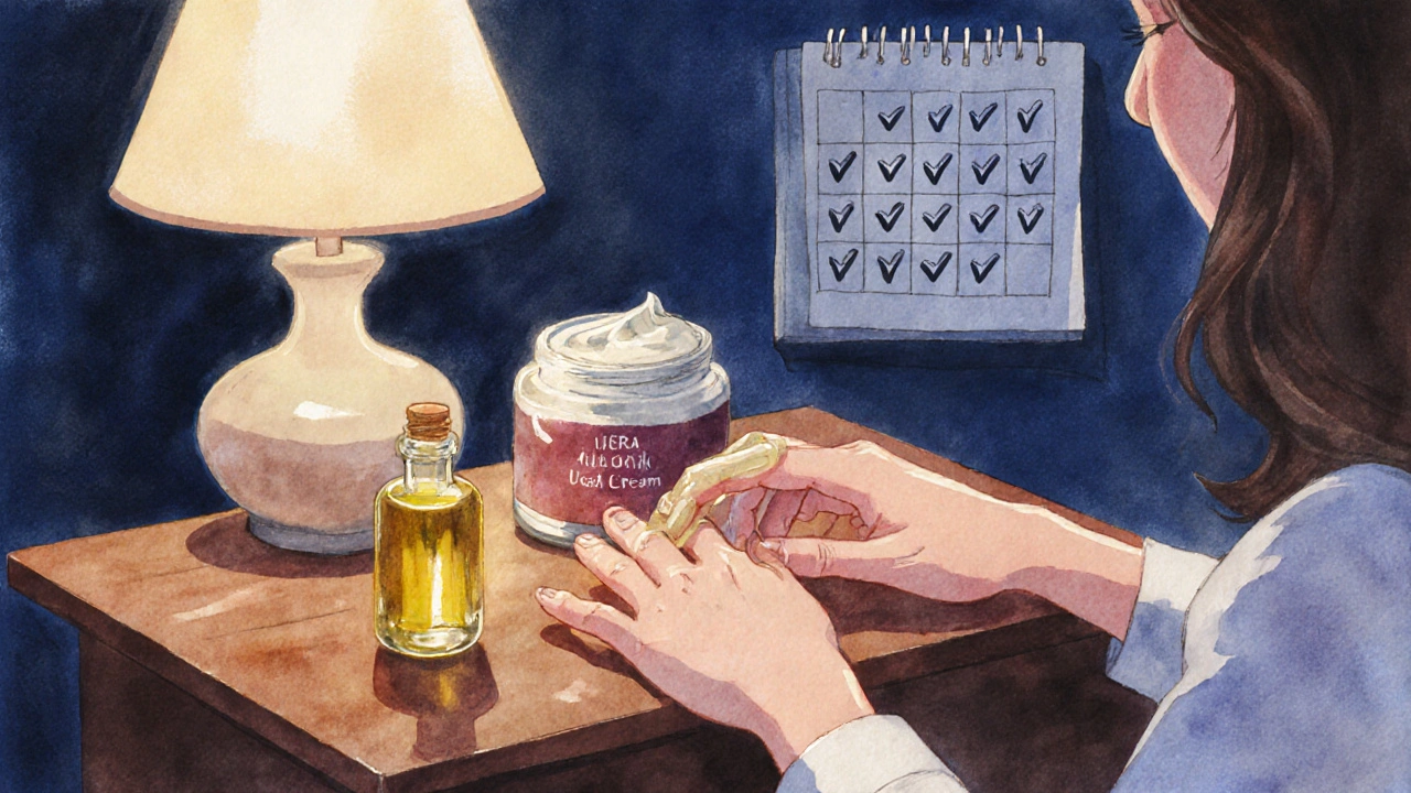 Žena aplikuje olej na nehty večer při slabém světle