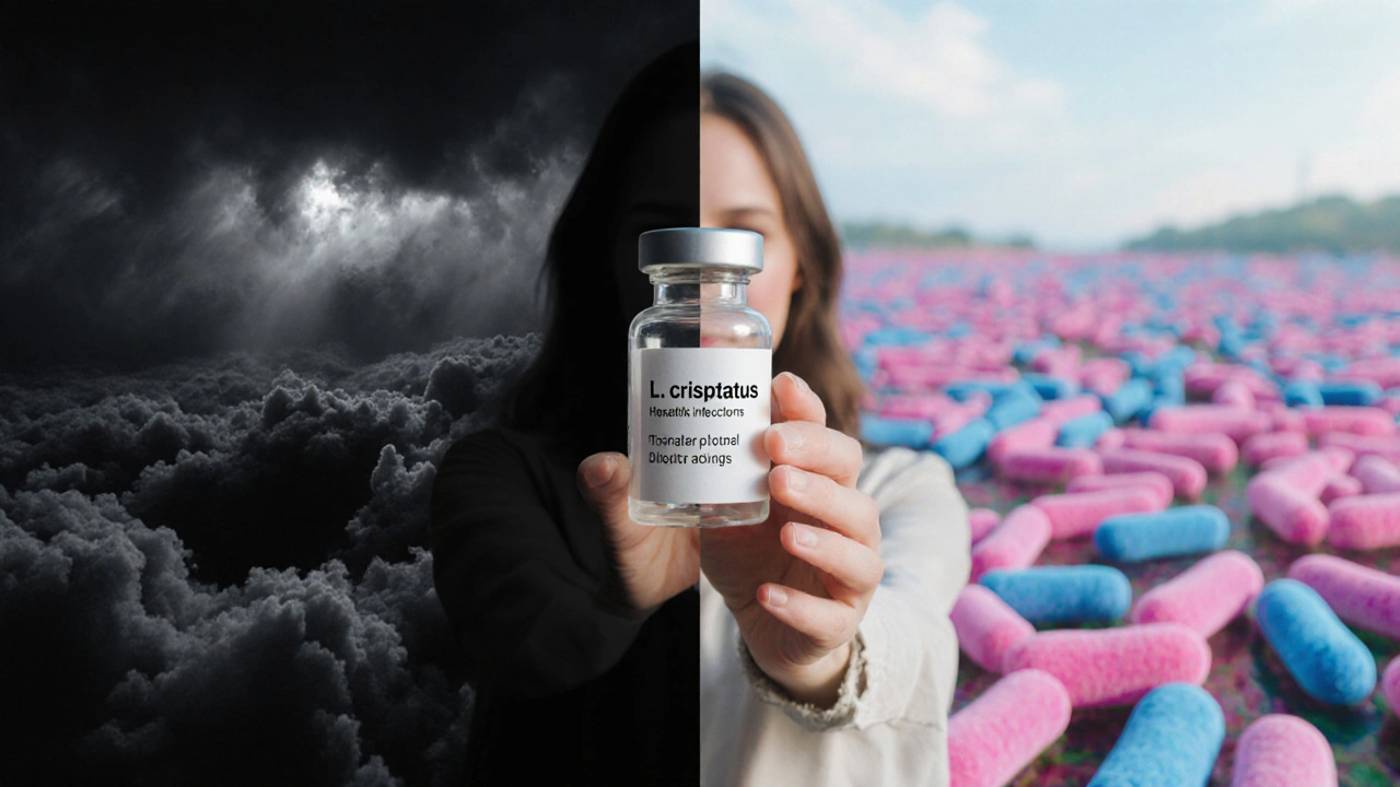 Žena drží vialu s L. crispatus mezi dvěma světy: chaos infekcí a harmonický mikrobiom.