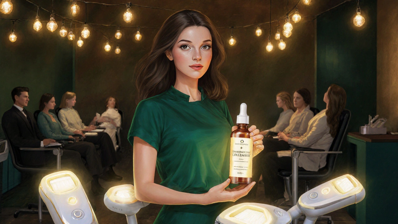 Zkušená kosmetička v moderním salónu drží vlastní sérum, kolem ní moderní kosmetické přístroje.