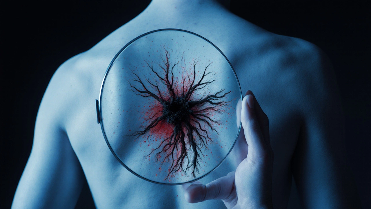 Zrcadlo odhaluje, jak se znaménko mění v invazivní kořenový systém pod kůží.