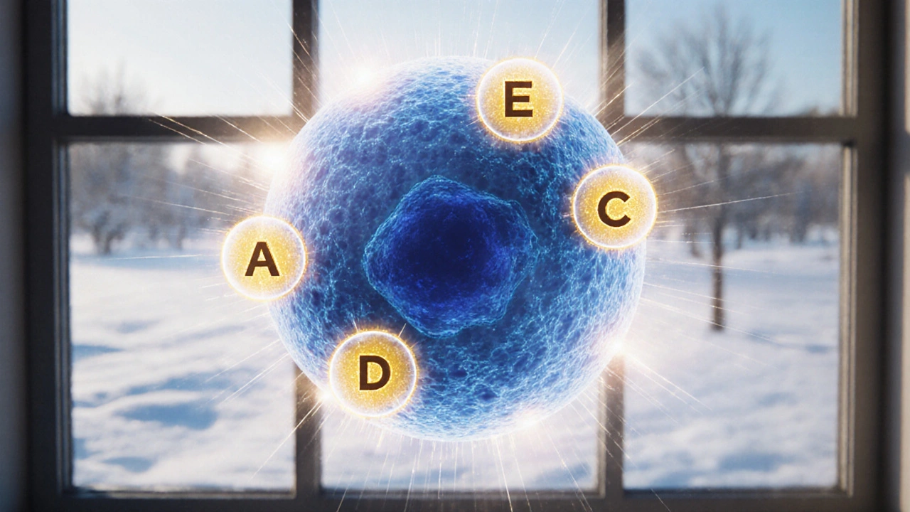 Zvětšená buňka kůže obklopená svítícími vitamíny A, D, E a C jako ochrannými štíty proti sucho a škodlivým faktorům.