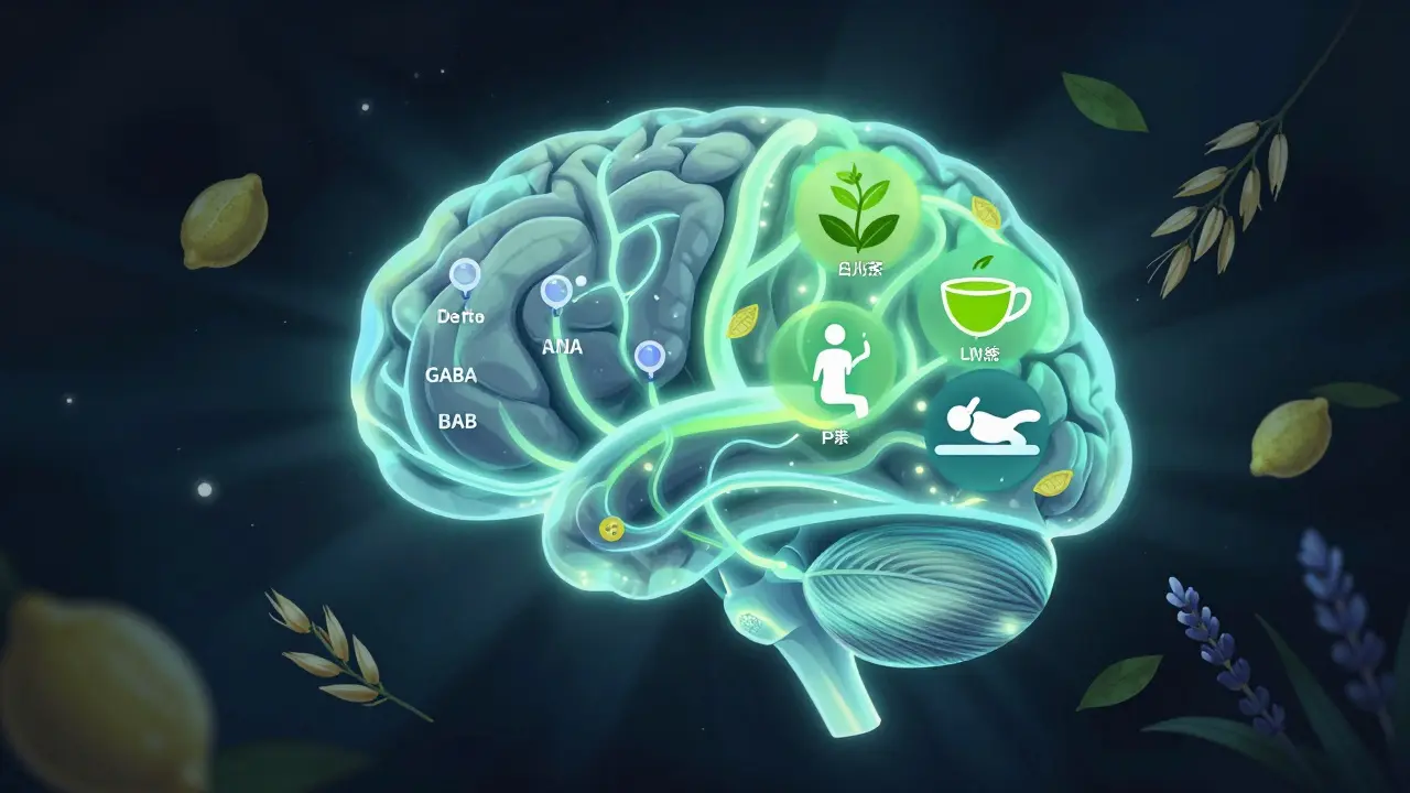 Abstraktní obrázek mozku s osvětlenými nervovými cestami a přirozenými prvky jako čaj, listy a seno.