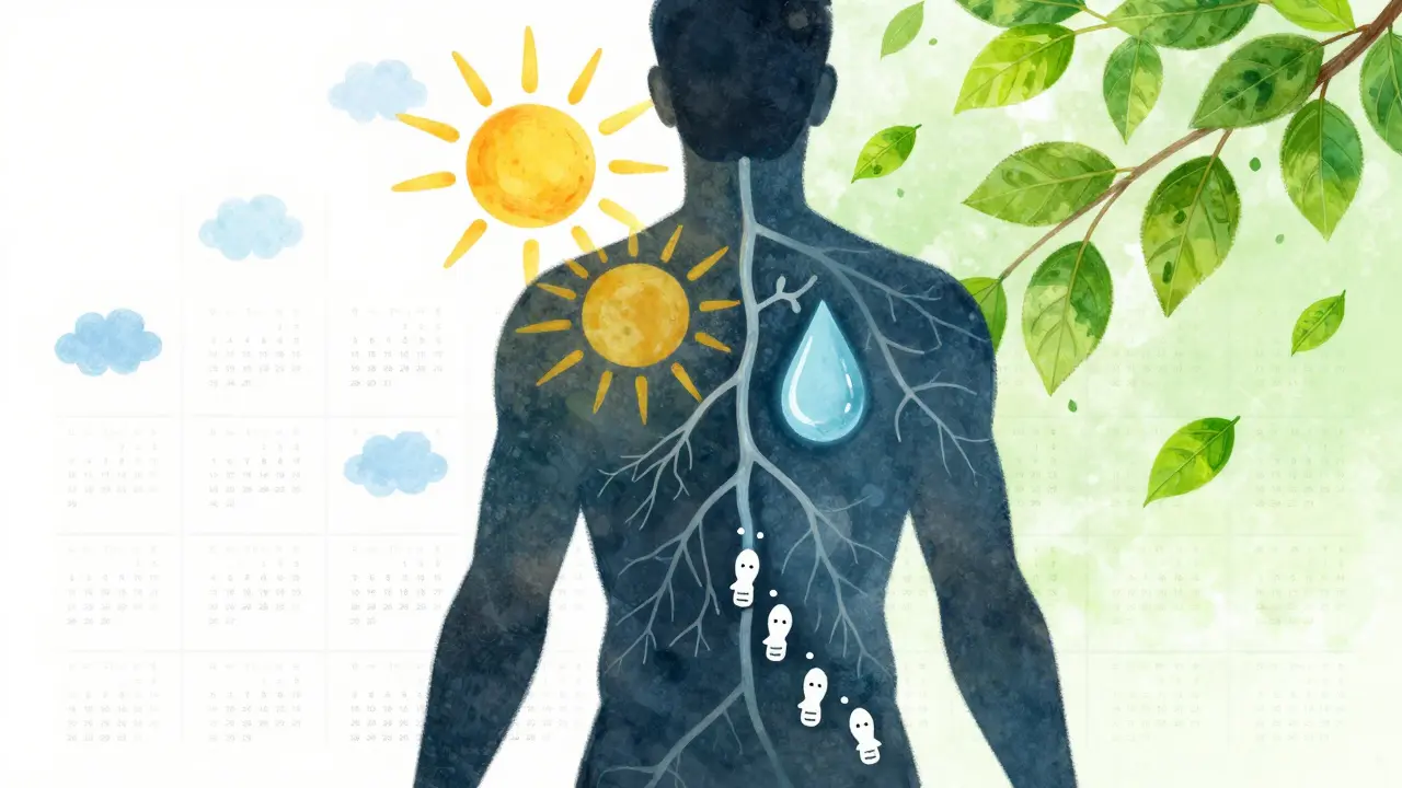 Abstraktní silueta těla s symboly vitamínu D, vody a bílých krvinek.