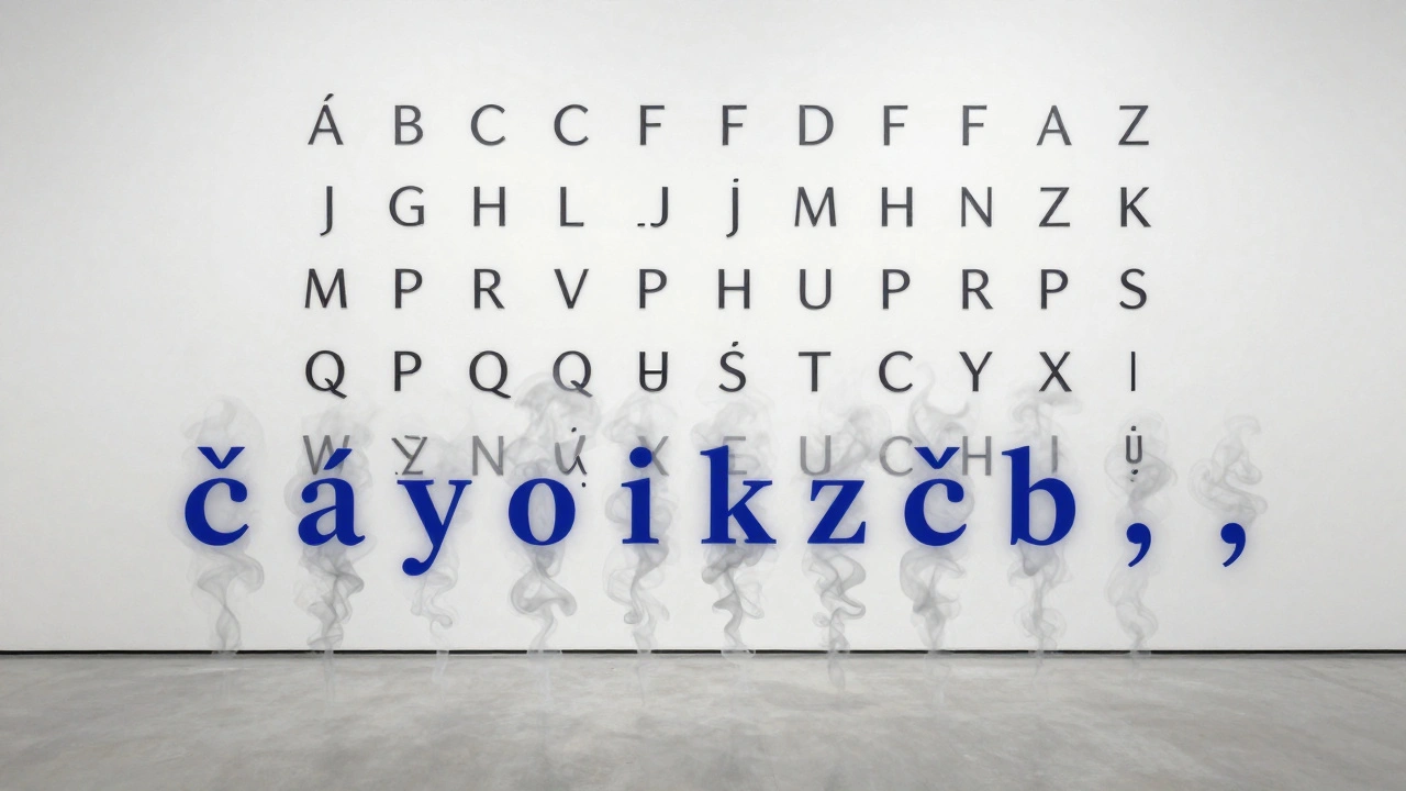 Anglická abeceda bez diakritiky, zatímco české čárky se mění v kouř a přeměňují se na interpunkční znaménka.