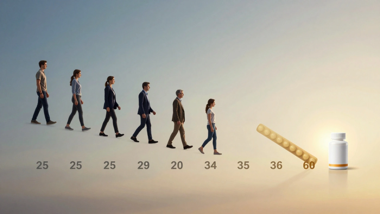 Časová osa od 25 do 60 let s postupnou podporou kolagenu pro klouby.
