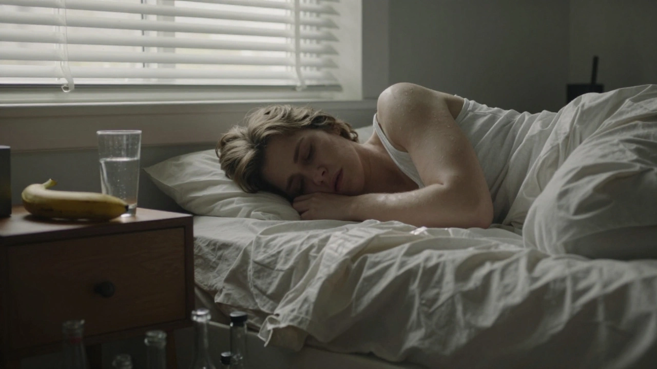 Člověk leží v posteli ráno, vedle něj sklenice vody a banán, světlo vstupuje skrze záclony.