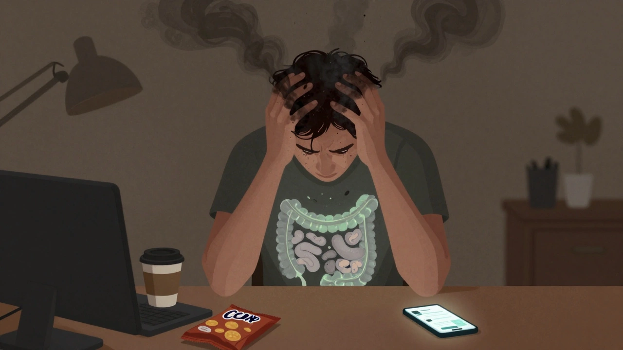 Člověk pod stresem s viditelným ničením střevní mikroflóry způsobeným kortizolem