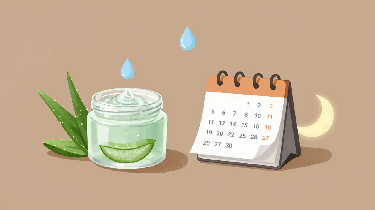 Cyklus péče o pleť: gel aloe vera a kalendář s označenými 6 týdny používání a 2 týdny pauzy.