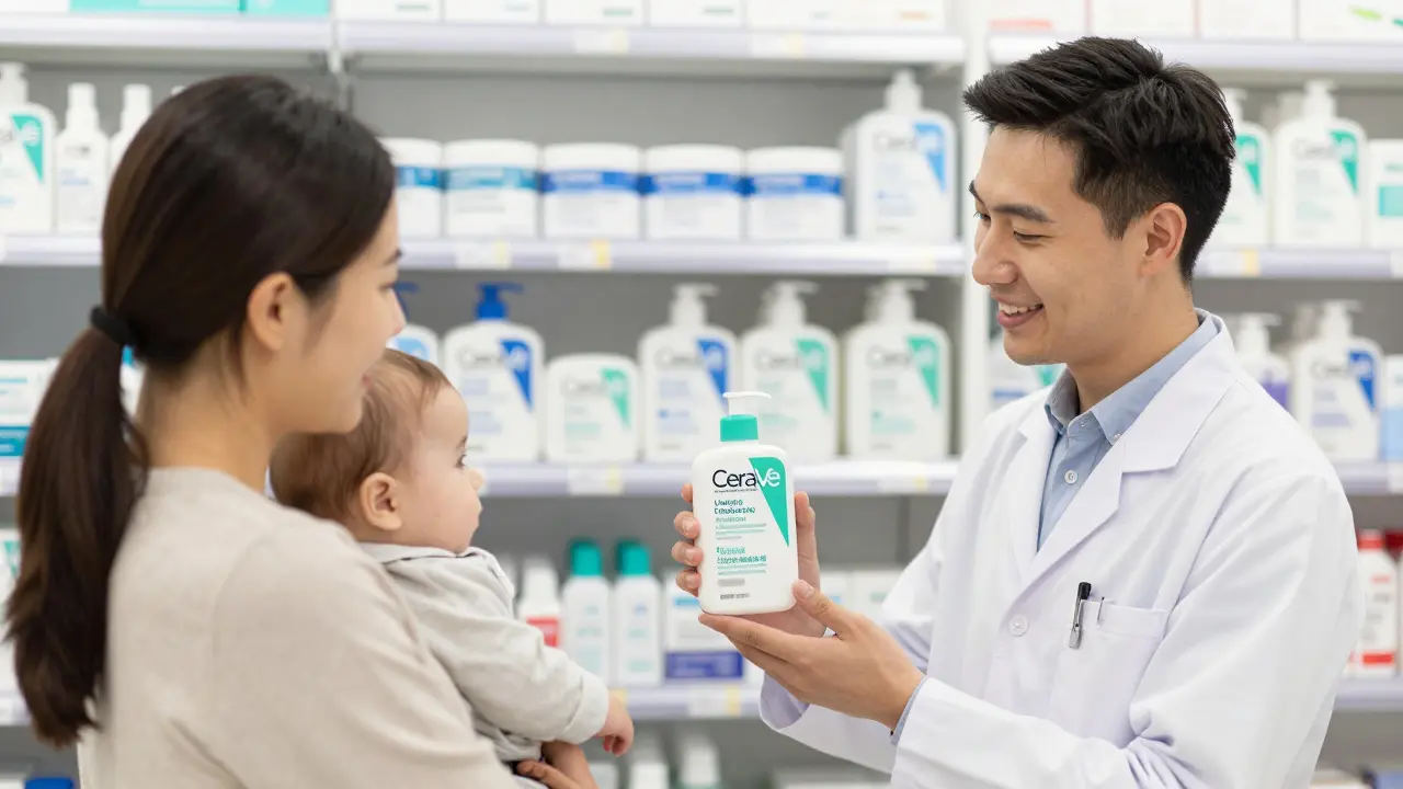 Dermatolog v lékárně ukazuje CeraVe matce s dítětem.