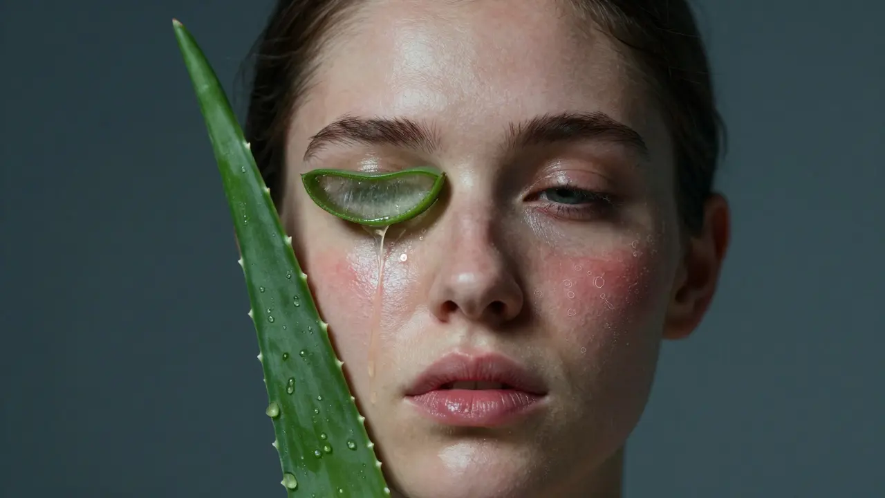 Dvě poloviny obličeje: jedna zdravá pod vlivem aloe vera, druhá podrážděná a nezdravá.