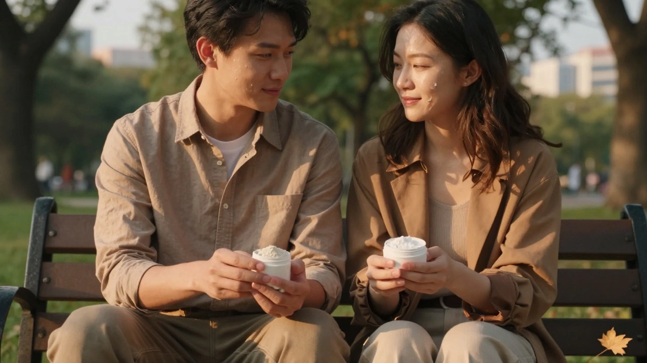 Dvojice na lavičce v západu slunce drží kontejnery s mořským kolagenem, jejich kůže vypadá hladce.