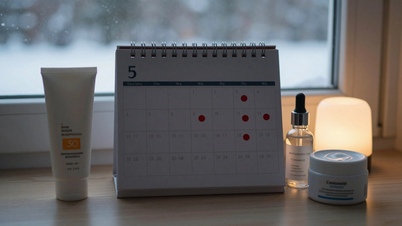 Kalendář s označenými dny používání retinolu a ochrannými produkty.