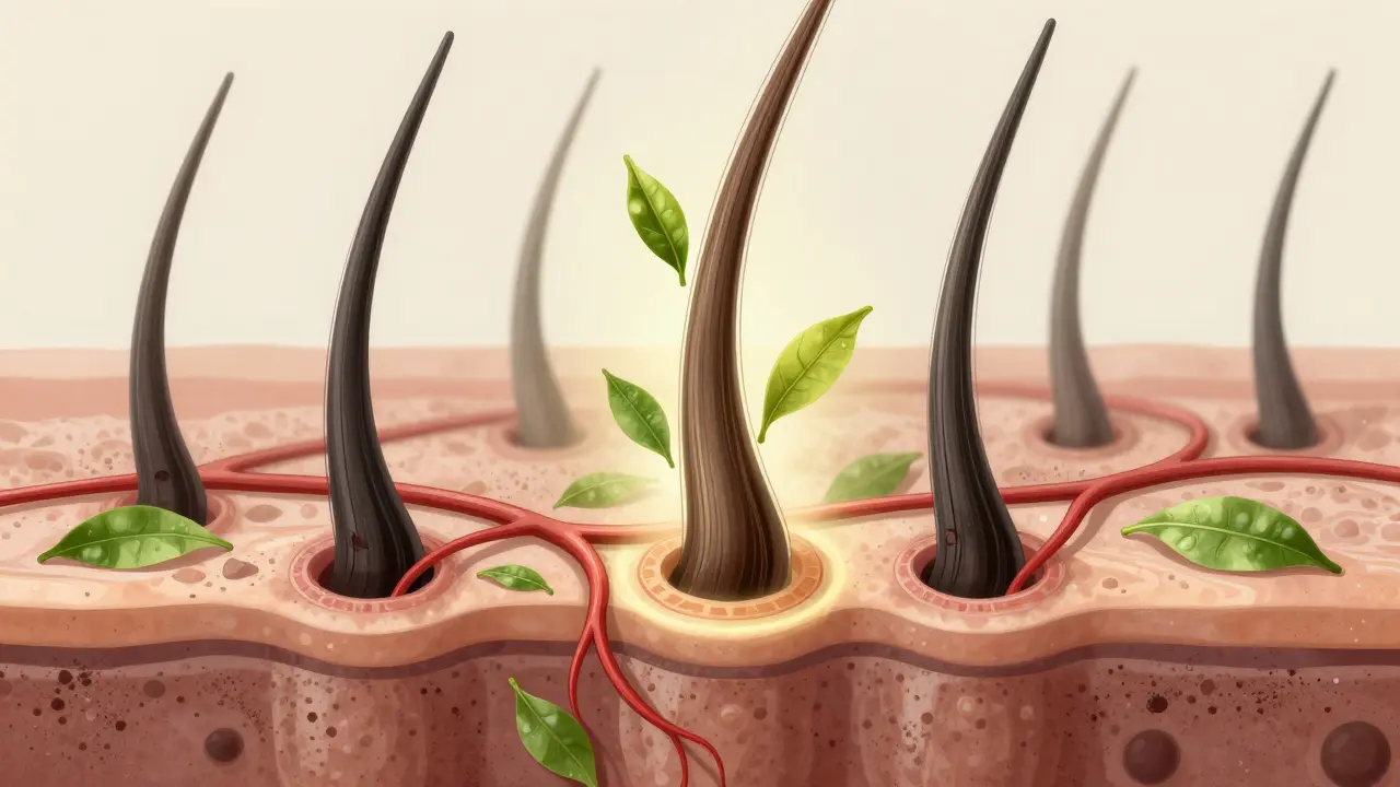 Křížový řez kůže hlavy s otevřenými zdravými vlasovými folikuly a růstovými vlasy.