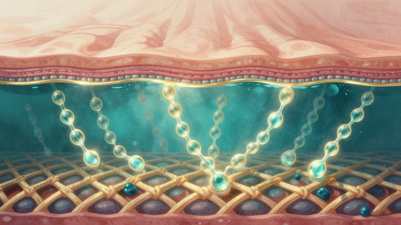Křížový řez kůže s mikroskopickými molekulami kolagenu, které obnovují kůži pod povrchem.