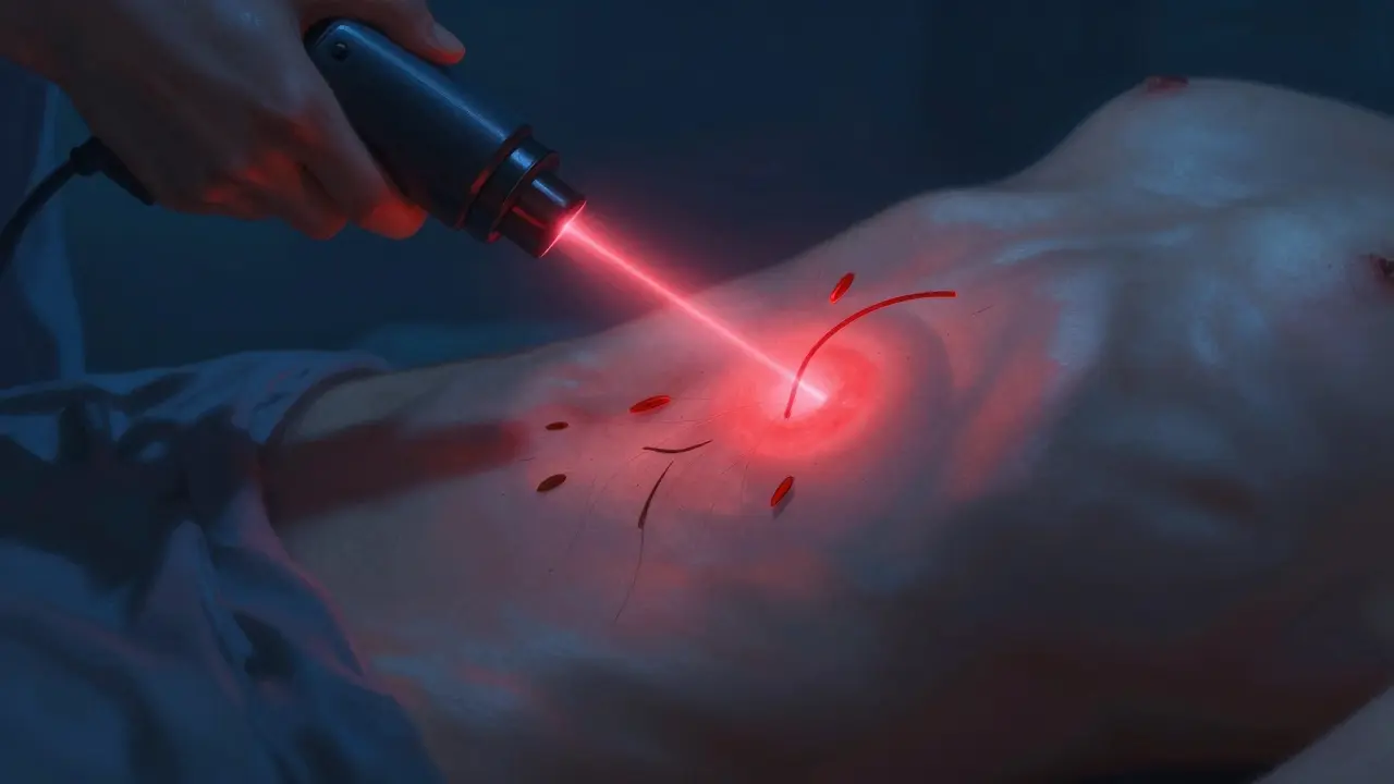 Laserový paprsek ničí vlasové folikuly na břiše.