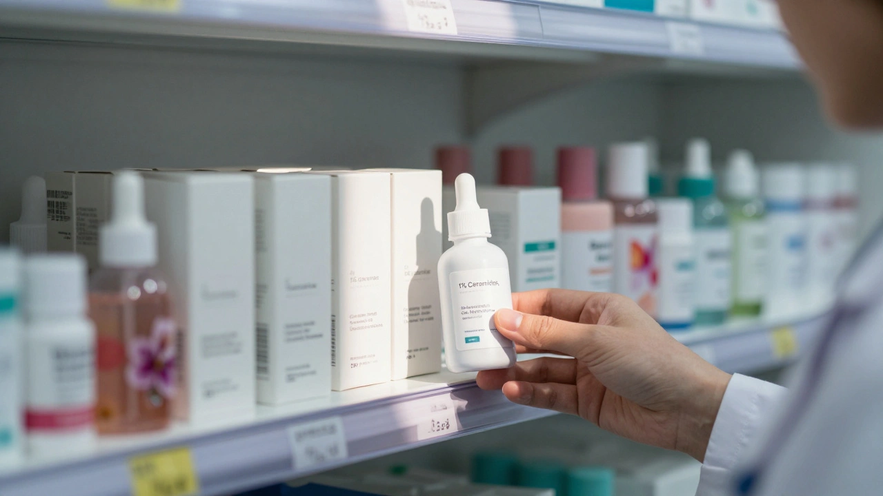 Lékárnická regála s dermokosmetikou vůči běžné kosmetice pod světlem.