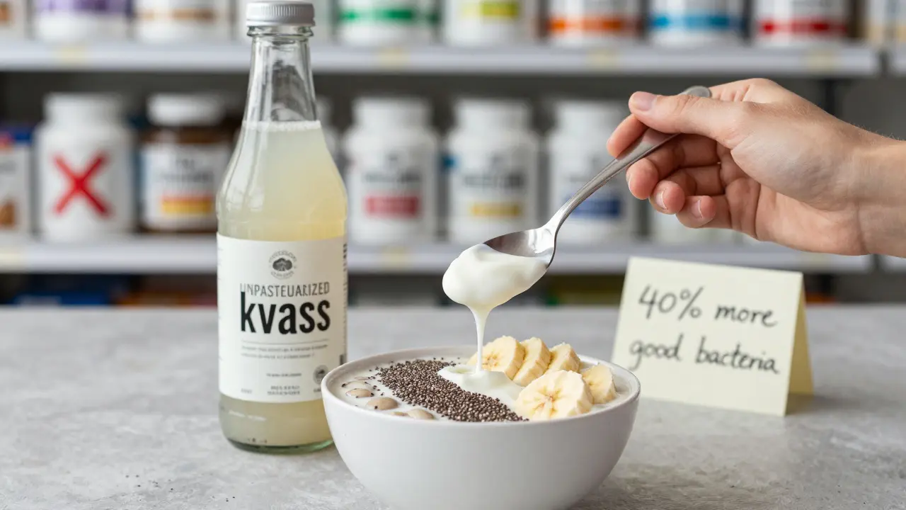 Lžíce jogurtu s živými kulturami v smoothie s česnekem a banánem na pozadí.