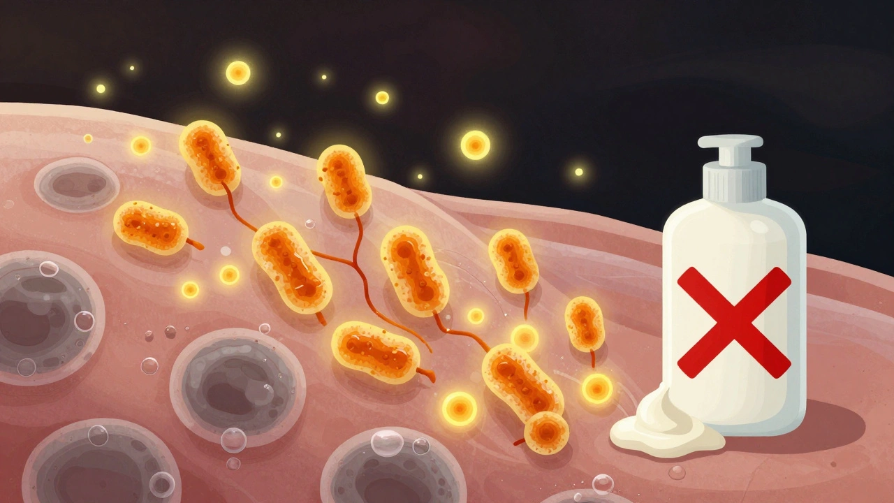 Mikroskopický pohled na houbičky Malassezia rozmnožující se na mastné kůži.