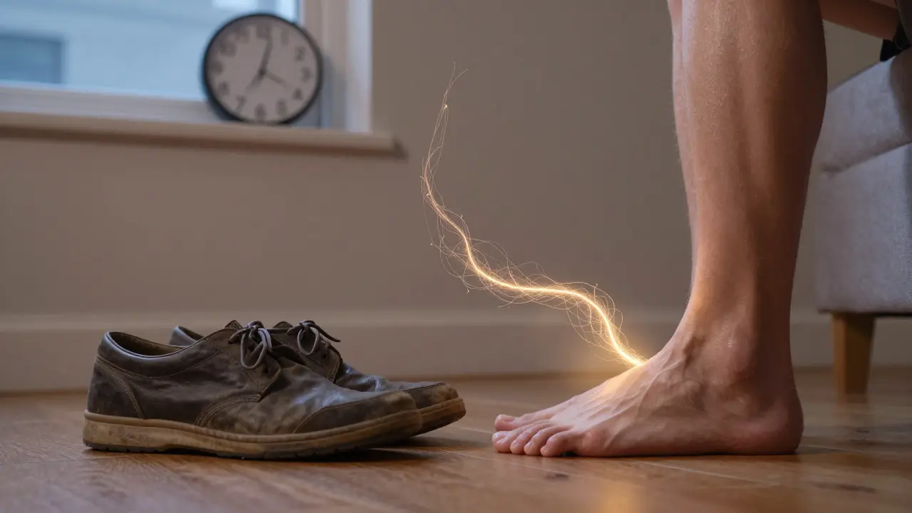 Nahé nohy na podlaze vedle bot, z nich vstupuje zlatý světlo, symbolizující hojení.