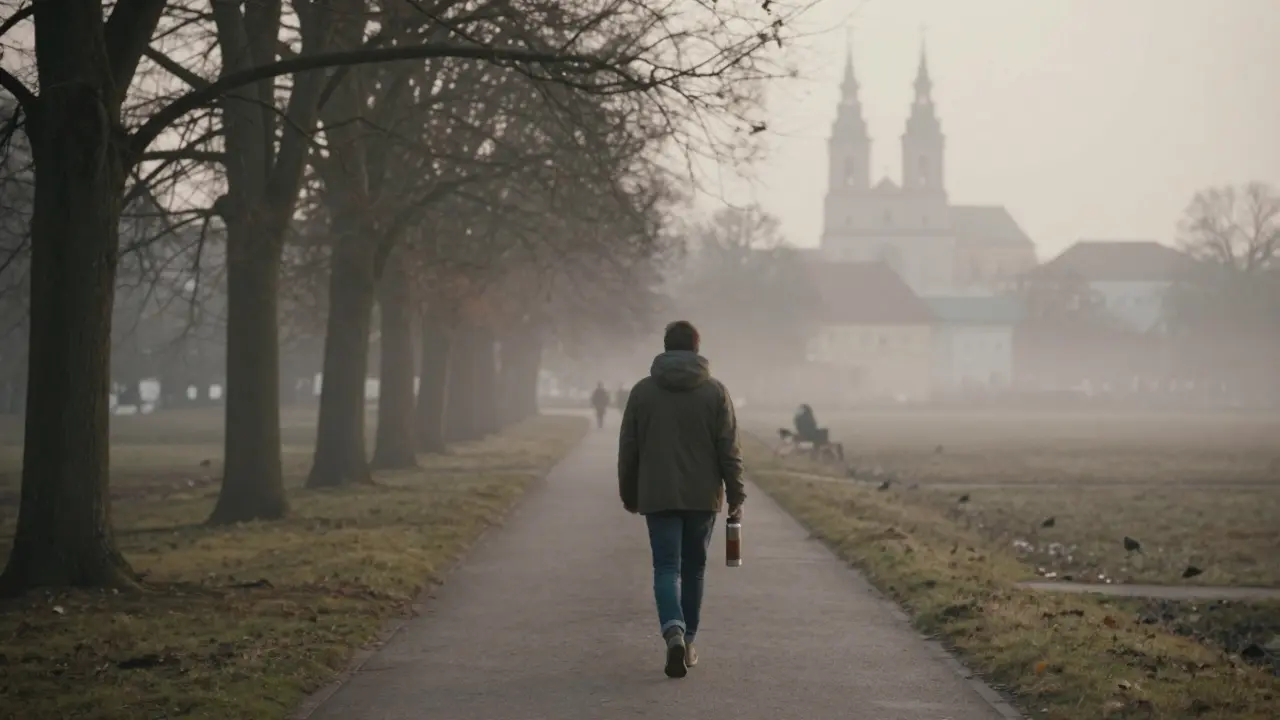 Osoba kráčí v klidu při svítání v parku s termoskou čaje, bez alkoholu, v českém městě.