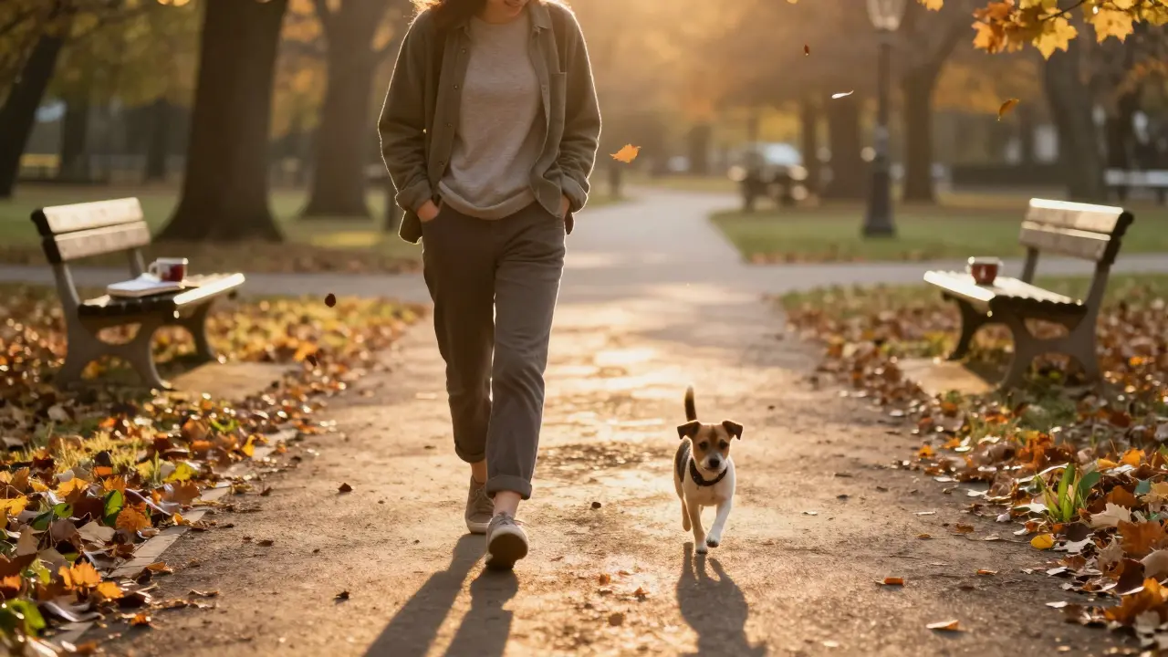 Osoba prochází parkem na západu slunce, pes ji doprovází, listí padá a teplé světlo osvětluje cestu.