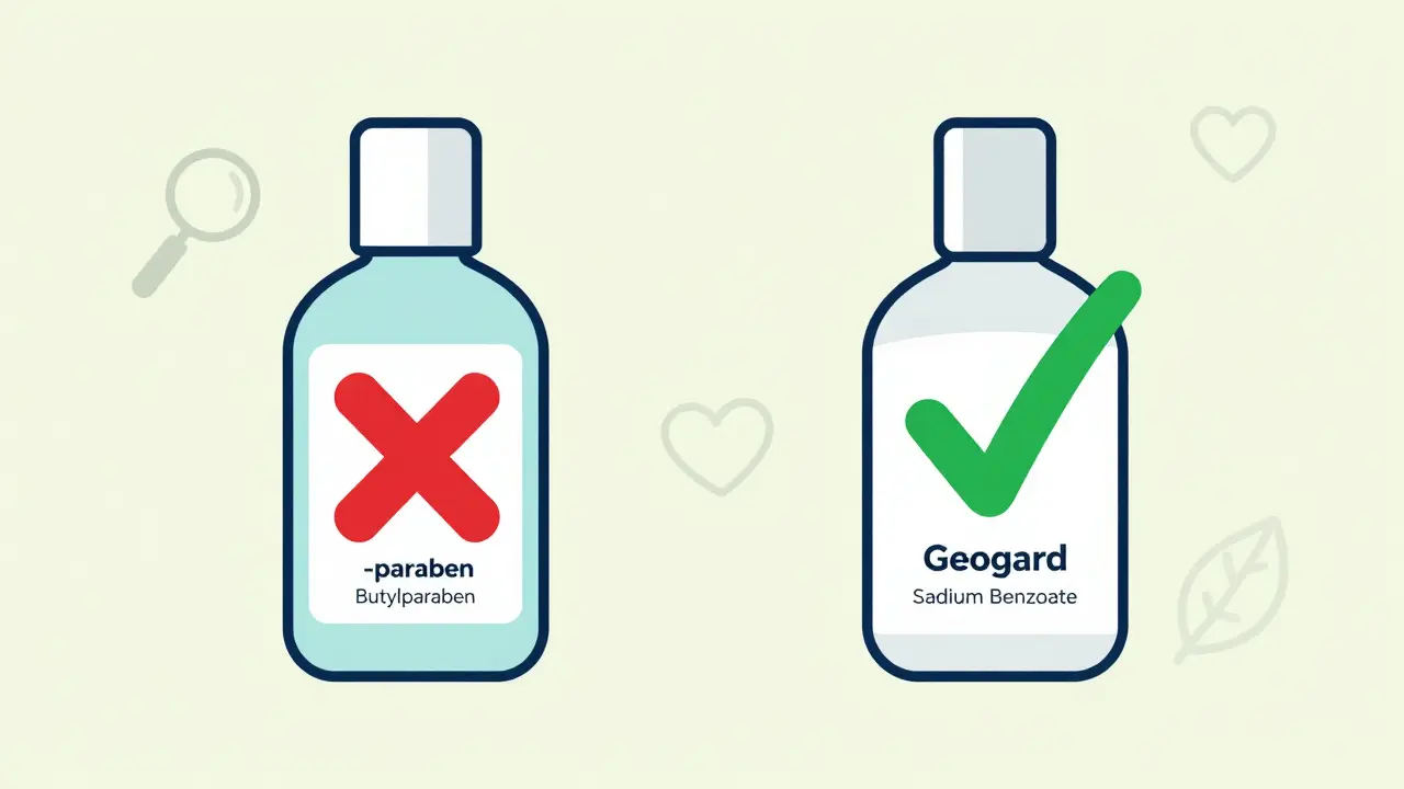 Porovnání dvou kosmetických produktů: jeden s parabeny (křížek), druhý s bezpečnými konzervanty (zaškrtnutí).