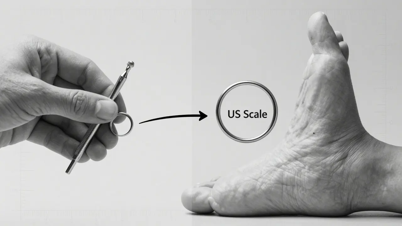 Porovnání malého a velkého kroužku s ukázkou jejich použití na ruce a noze.