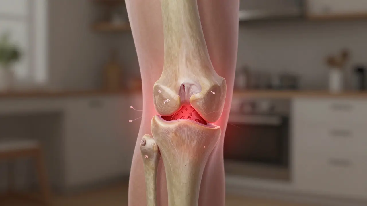 Přehled kloubu kolena s tenkou chrupavkou a zánětem, kolagenové vlákna se vstřebávají.
