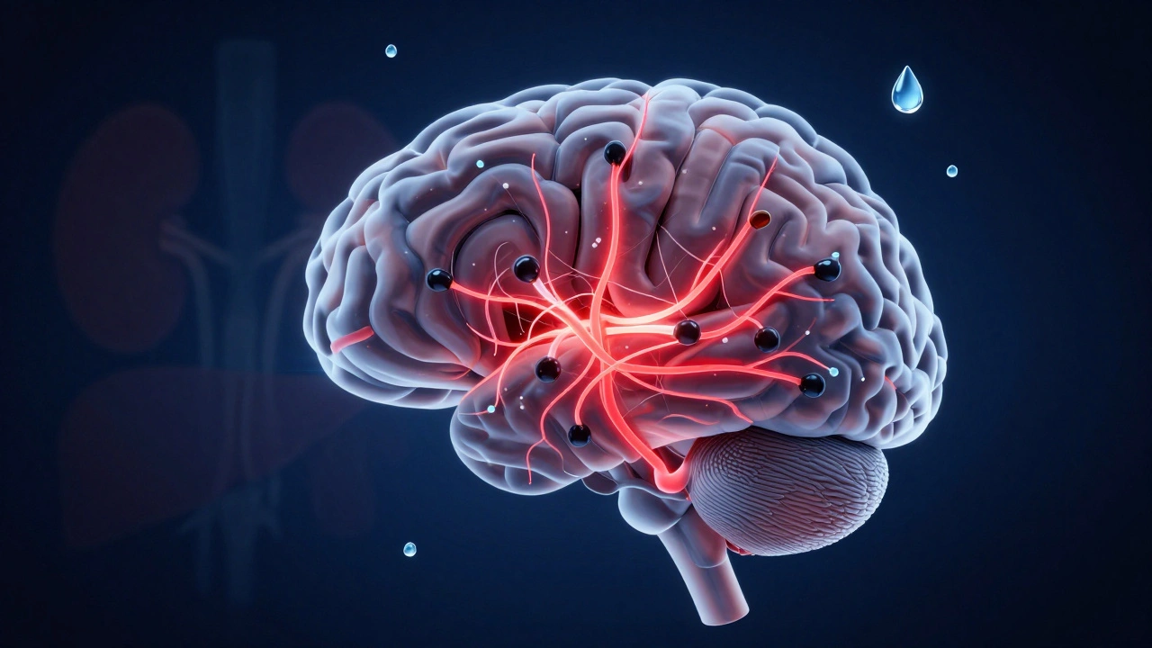 Přehled lidského mozku s narušenými nervovými spojeními a kapkami vody symbolizující dehydrataci.