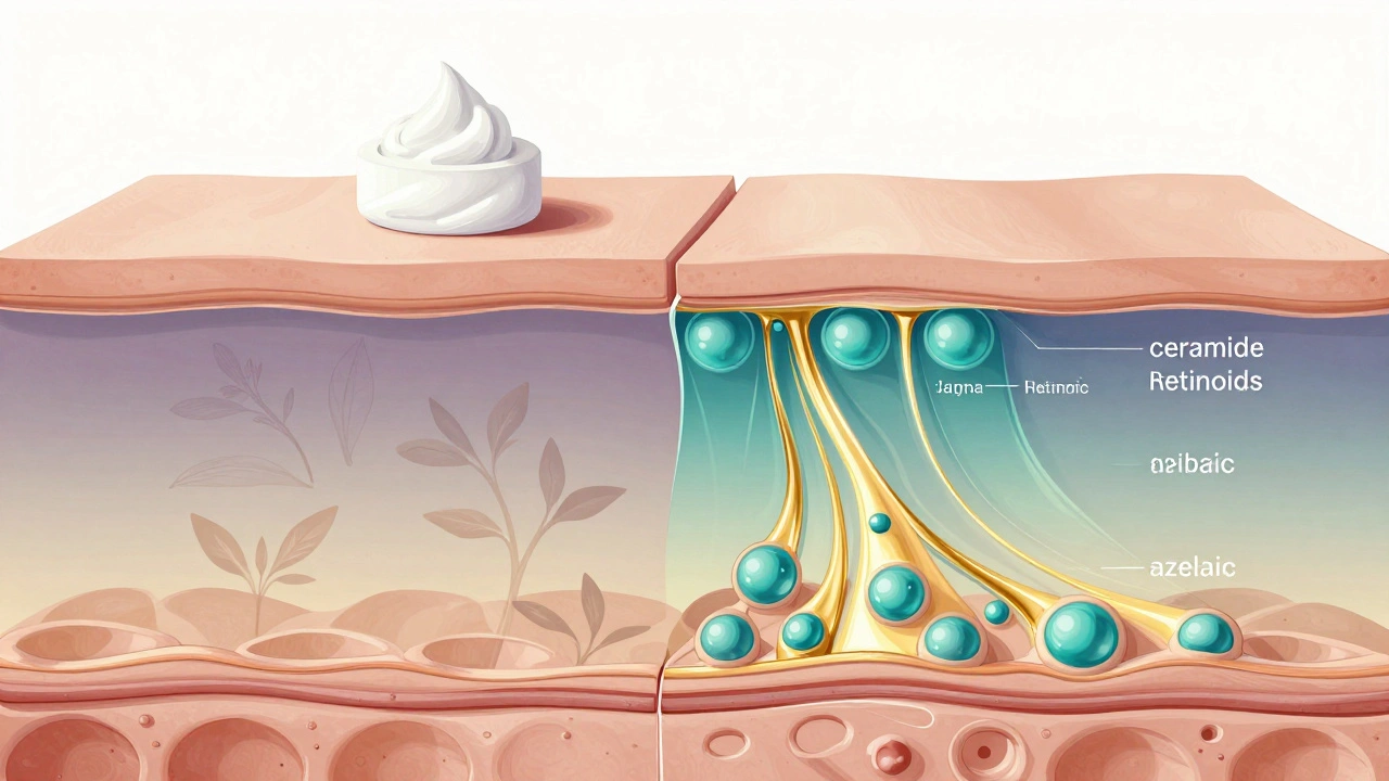 Průřez kůže ukazující hluboké působení dermokosmetiky proti běžnému krému.