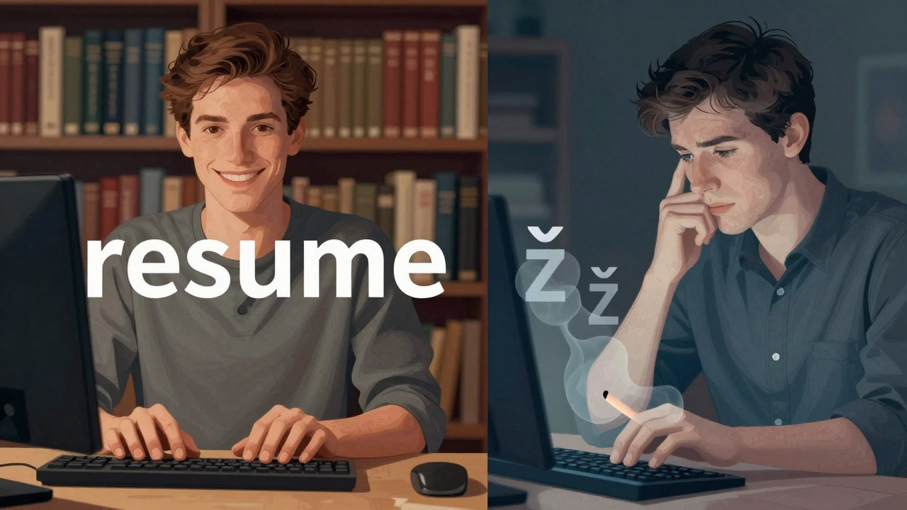 Rozdělený obraz: anglicky mluvící osoba píše bez čárek a Čech se zamyšleně dívá na klávesnici s miznoucími diakritickými značkami.