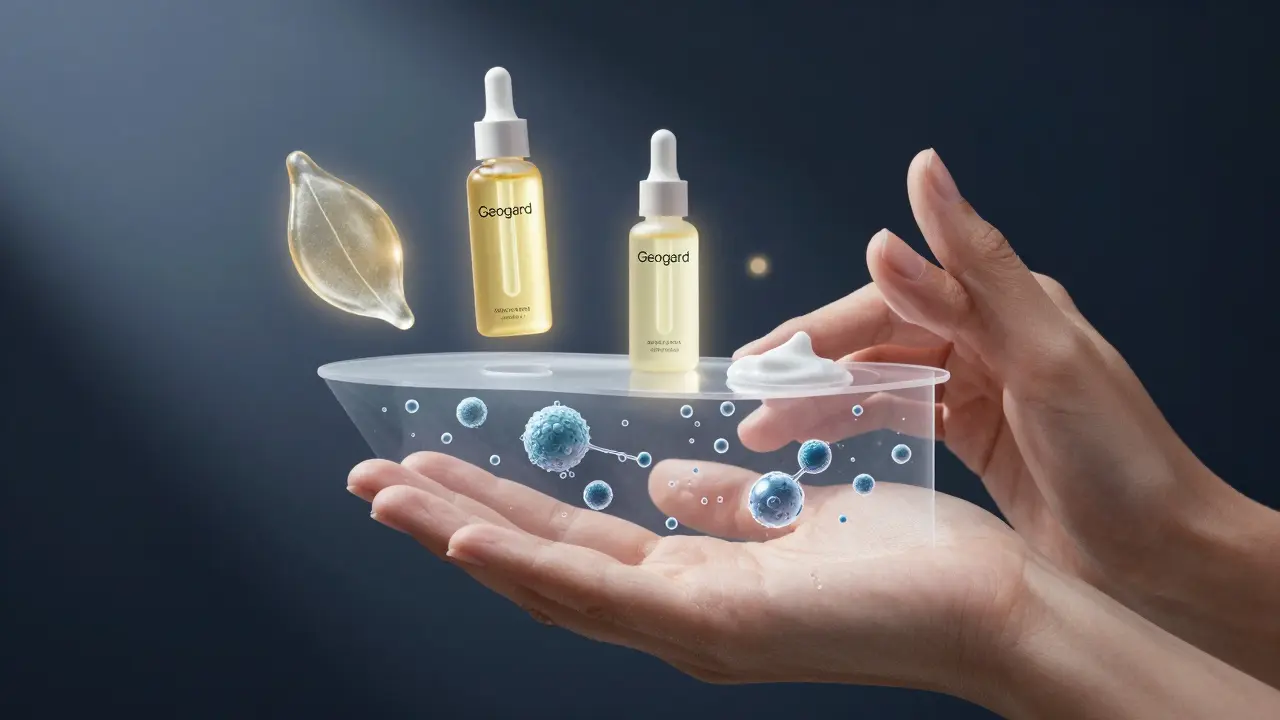 Ruka aplikující krém, s mikroskopickými molekulami parabenů a přirozených alternativ ve vzduchu nad pokožkou.