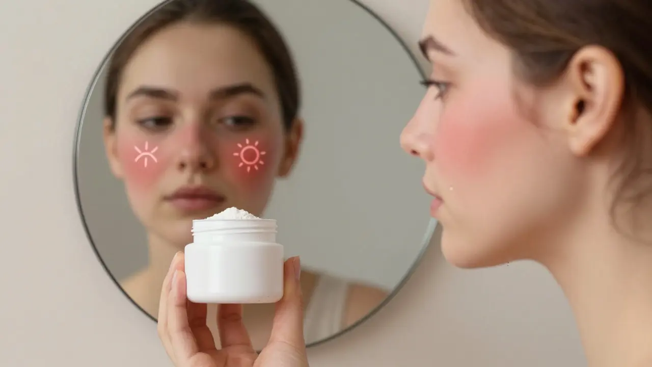 Rybí kolagen vedle zrcadla s dvěma verzemi pleti – červenou a klidnou.