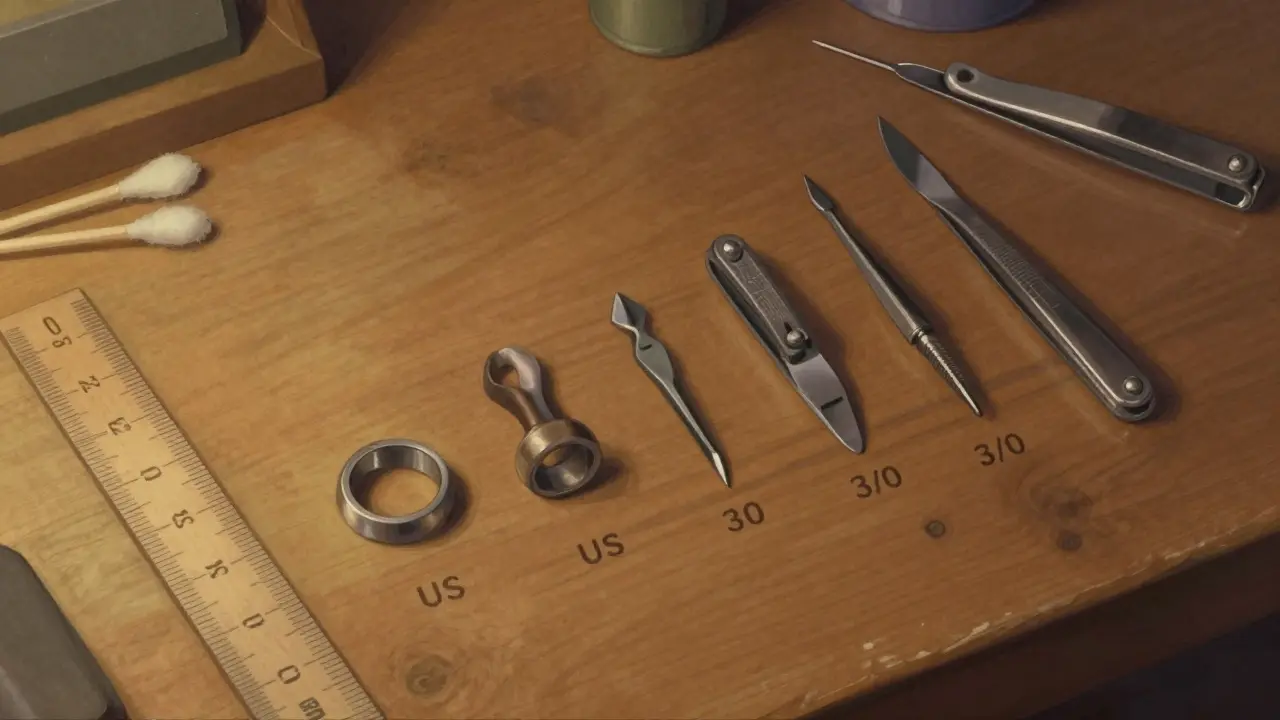 Sada kroužků od US 0 do US 3/0 uspořádaná podle velikosti na dřevěném stole.