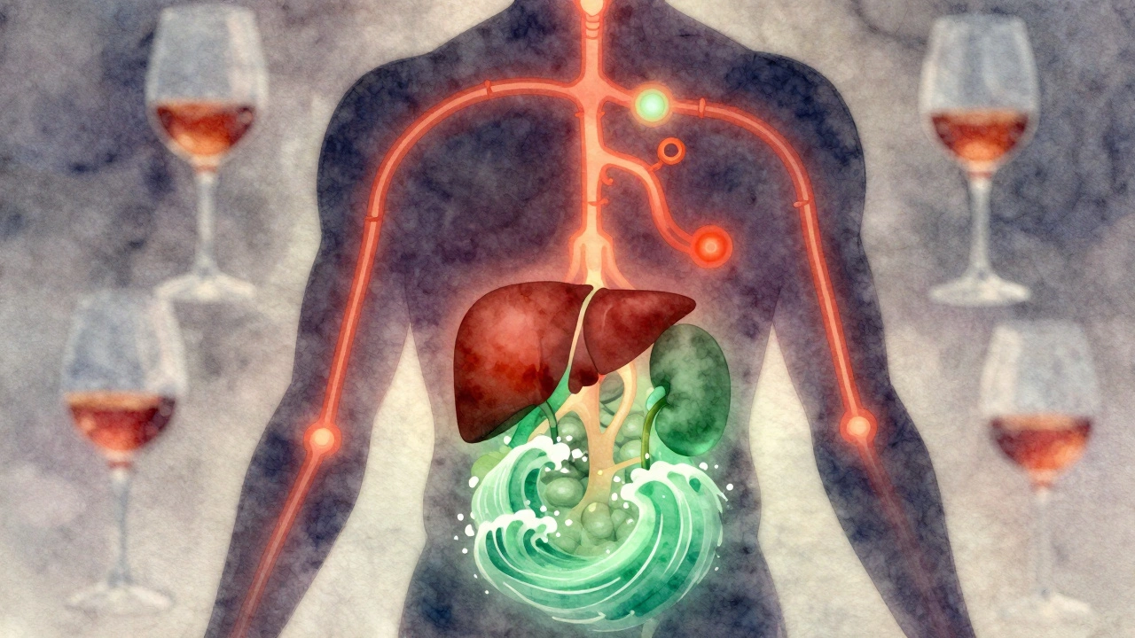Symbolický obrázek těla s vnitřními cestami neurotransmiterů při detoxikaci, játra a ledviny se obnovují.