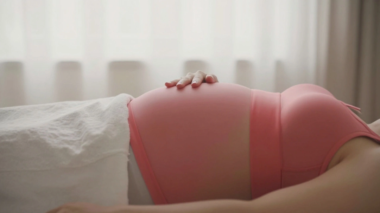 Těhotná žena s ochrannou zónou kolem břicha, jemné osvětlení.