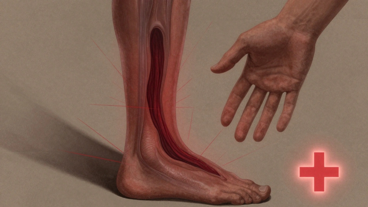 Tlumená ilustrace nohy s krevní sraženinou pod kůží, ruka se ne dotýká.