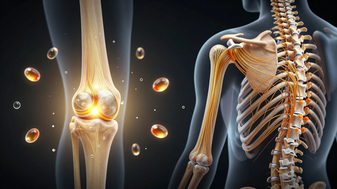 Ukázka kloubů s kolagenovými vlákny jako zlatými nitěmi, které je obnovují.