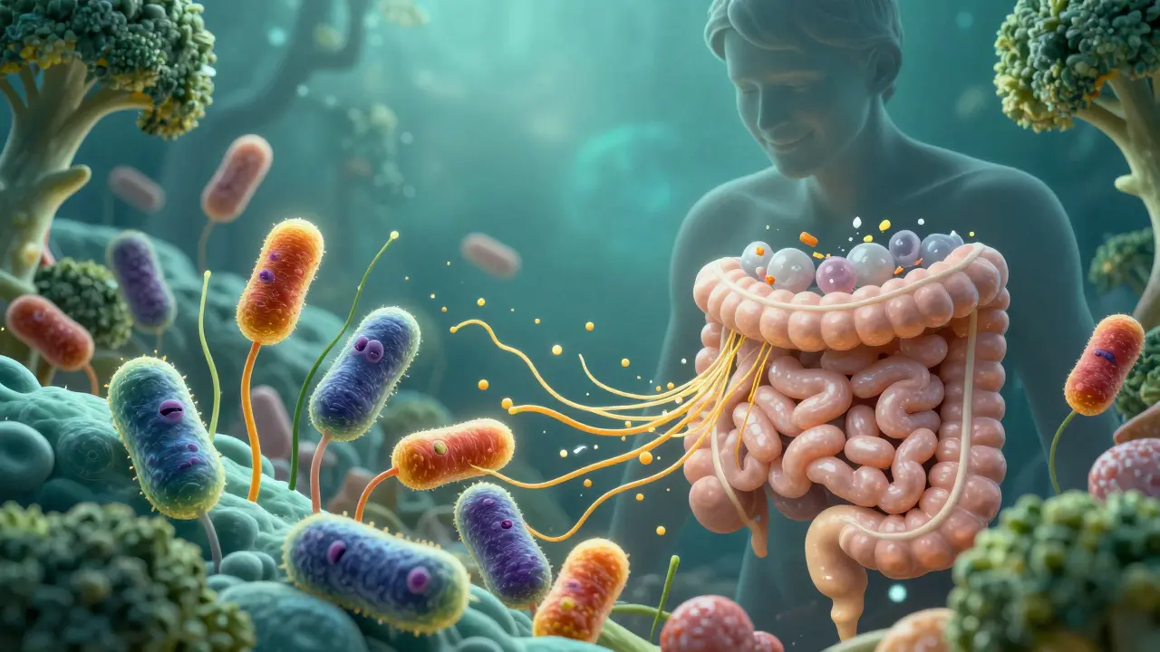 Vizualizace střevní mikroflóry s laktobacily živícími se prebiotickými vlákninami.