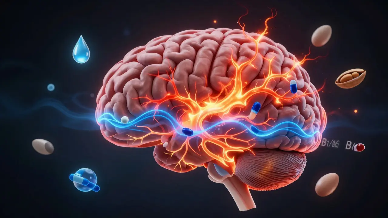 X-ray stylizovaný mozek s chaotickými nervovými impulzy a vitamíny B symbolizujícími detoxikaci.