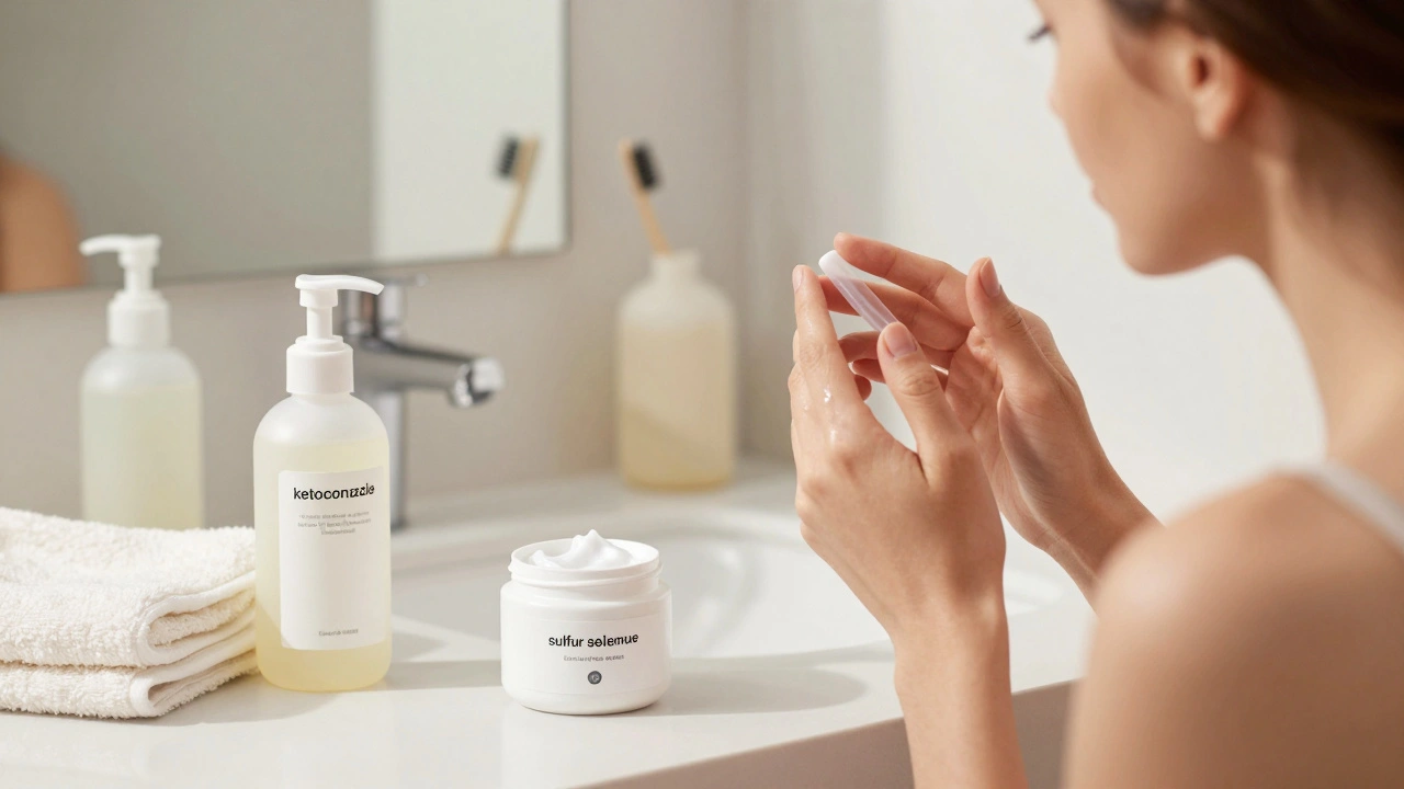 Žena aplikuje tenký antifungální gel na obličej, vedle ní lehké kosmetické přípravky.