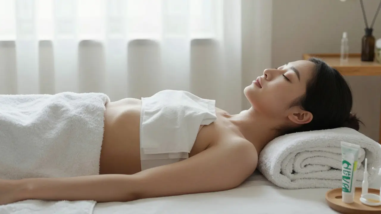 Žena si klade studený mokrý hadřík na kůži po depilaci v klidné ložnici.