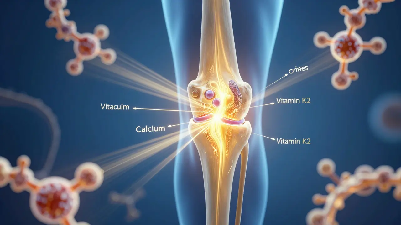 Zvětšený pohled na kloub s vitamíny D a K2 vedením vápníku do kostí.